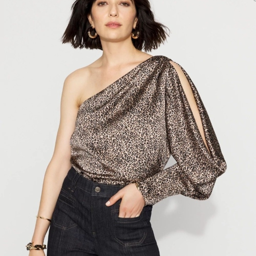 White House Black Market One-Shoulder Leopard Print Top in Brown/Black